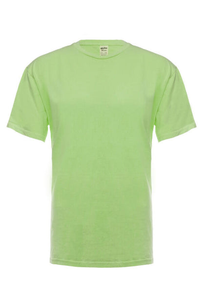 SpectraUSA neon green garment dye applied to a T-shirt, showcasing vibrant color and fabric texture.