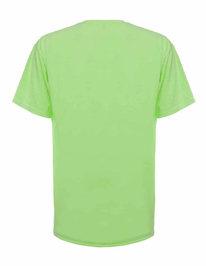 Back view of a neon green SpectraUSA garment dye T-shirt with vibrant color and comfortable fit.
