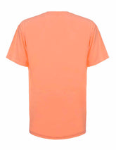 Back view of a neon orange SpectraUSA garment dye T-shirt, showcasing vibrant color and casual fit.