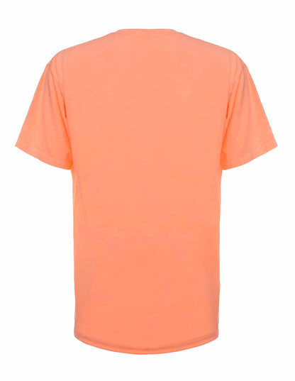 Back view of a neon orange SpectraUSA garment dye T-shirt, showcasing vibrant color and casual fit.