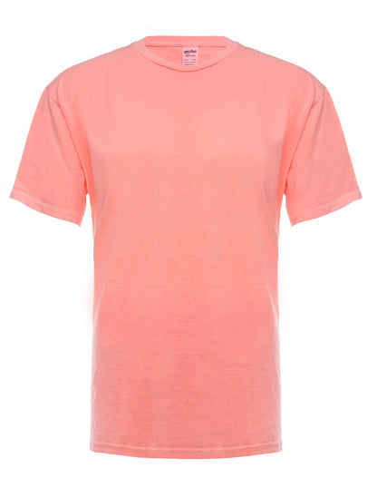 SpectraUSA neon pink garment dye T-shirt front view showcasing vibrant, colorful dye on casual tee.