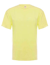 Front view of a neon yellow SpectraUSA garment dye T-shirt, showing vibrant color and casual fit.
