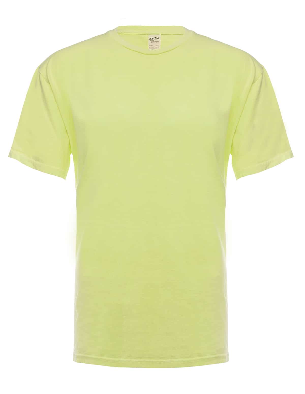 Front view of a neon yellow SpectraUSA garment dye T-shirt, showing vibrant color and casual fit.