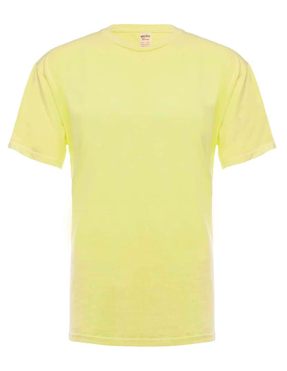 Front view of a neon yellow SpectraUSA garment dye T-shirt, showing vibrant color and casual fit.