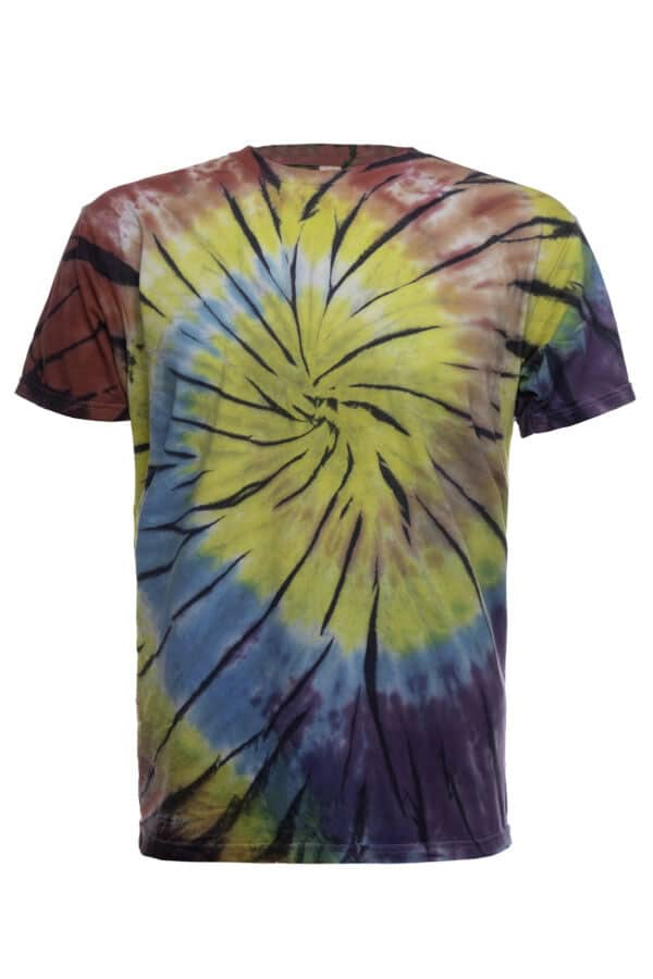 Colorful rainbow spiral tie-dye tee shirt by SpectraUSA, front view showcasing vibrant, swirling rainbow pattern.