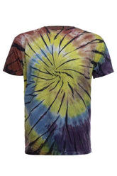 Colorful rainbow spiral tie-dye tee shirt by SpectraUSA, front view showcasing vibrant, swirling rainbow pattern.