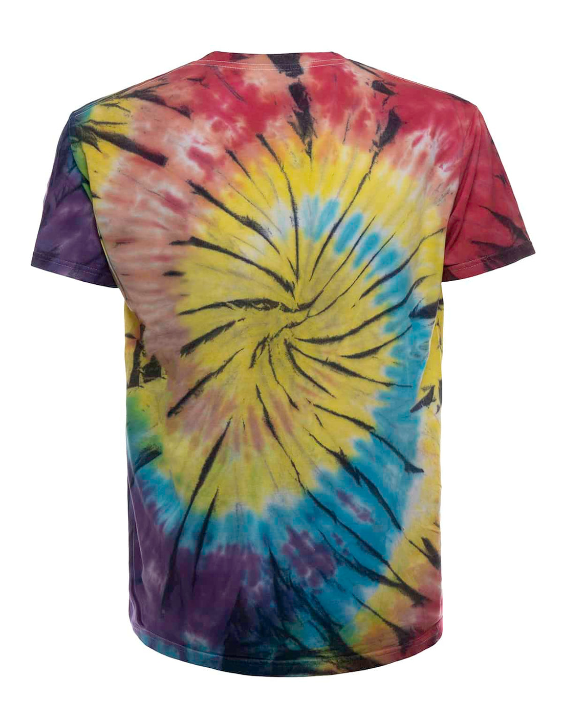 Rainbow spiral tie-dye T-shirt by SpectraUSA, featuring vibrant multicolor swirl pattern on the back.