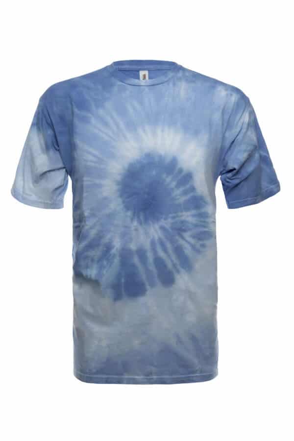 SpectraUSA Sky Multi Spiral Tie-Dye T-shirt with vibrant spiral design on front, casual unisex tee.