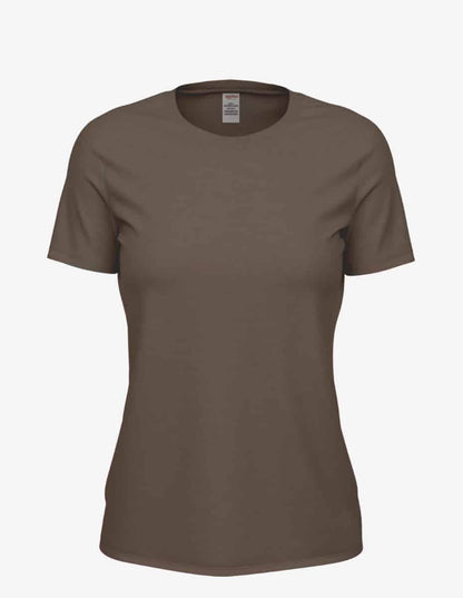 Women’s brown heather Club Crew T-Shirt by SpectraUSA, front view showing comfortable crew neck and casual fit.