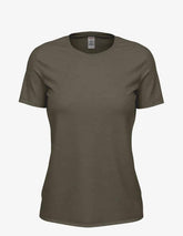 Women’s olive heather Club Crew T-Shirt by SpectraUSA, front view showing casual crew neck and comfortable fit.