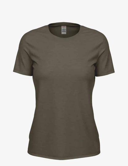Women’s olive heather Club Crew T-Shirt by SpectraUSA, front view showing casual crew neck and comfortable fit.