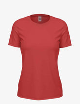 Women’s red heather Club Crew T-Shirt by SpectraUSA, front view showing casual fit and soft fabric.