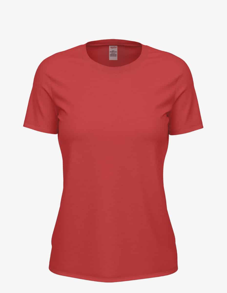 Women’s red heather Club Crew T-Shirt by SpectraUSA, front view showing casual fit and soft fabric.