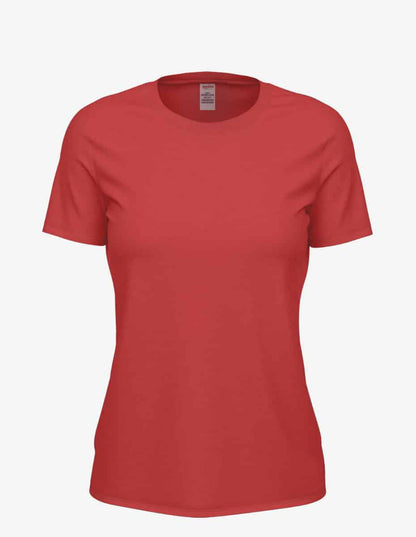 Women’s red heather Club Crew T-Shirt by SpectraUSA, front view showing casual fit and soft fabric.