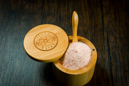 Bamboo salt container filled with pink Himalayan salt, Spice Wheel storage jar for spices and salts, natural bamboo design