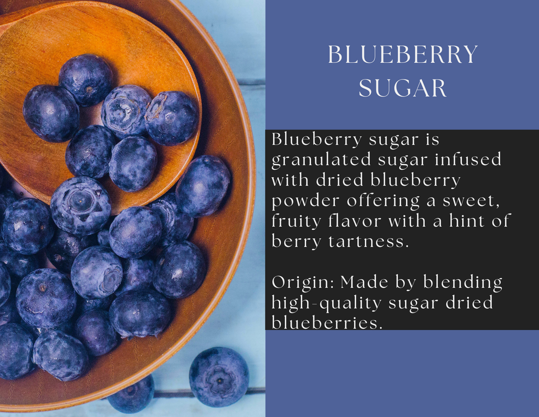 Glass jar of Blueberry Sugar by Spice Wheel, showcasing the vibrant blue color and packaging design.