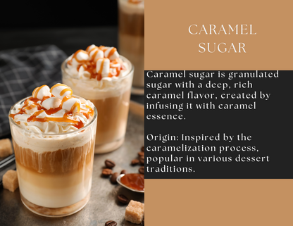 Glass jar of caramel sugar spice blend by Spice Wheel, showing the amber-colored caramel sugar inside the clear container.