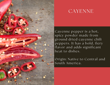 Glass jar of Cayenne Pepper by Spice Wheel, filled with vibrant red cayenne chili flakes for cooking and spice blends.