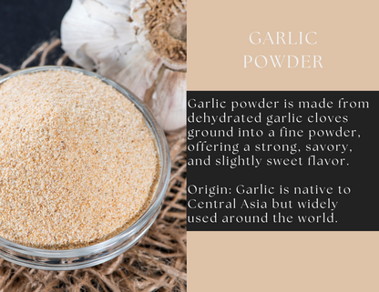 Spice Wheel garlic powder in a clear glass jar with a metal lid, showing the finely ground garlic inside.