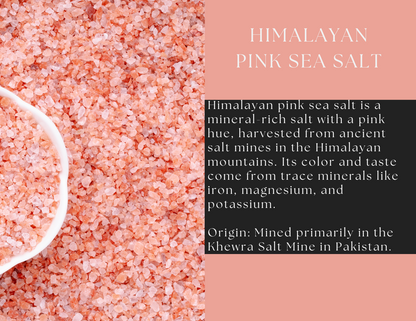 Himalayan Pink Sea Salt in a clear glass jar from Spice Wheel, showing pink crystalline salt grains inside.