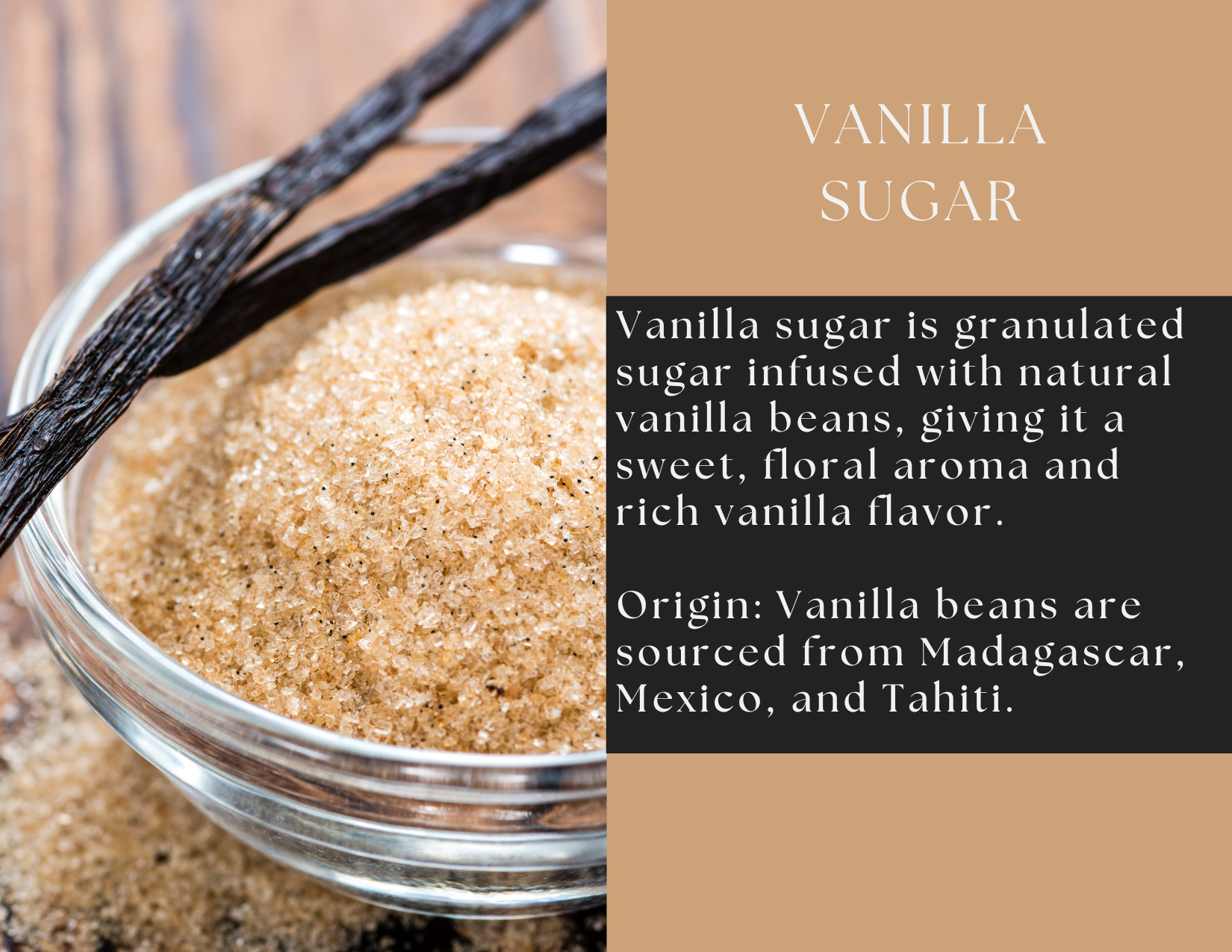 Glass jar of vanilla sugar from Spice Wheel, with a clear label and white sugar inside, on a neutral background.