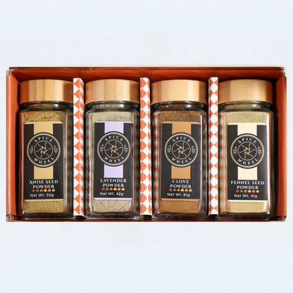 Spice Wheel Baking Botanicals gift set featuring lavender, anise, clove, and fennel spices in a 4-pack.