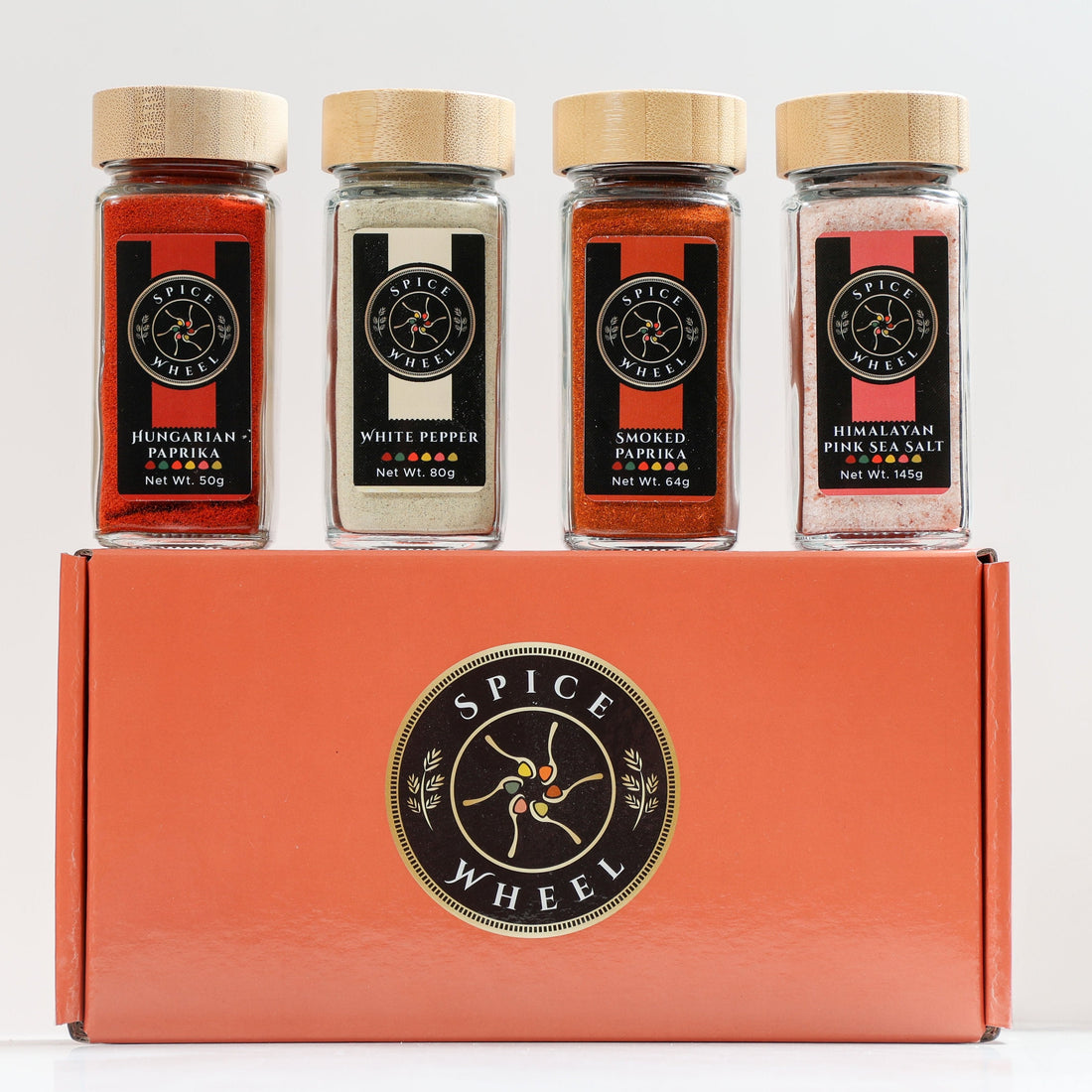 Spice Wheel Foundations of Flavor Gift Set featuring four essential spice jars in a convenient spice 4 pack.