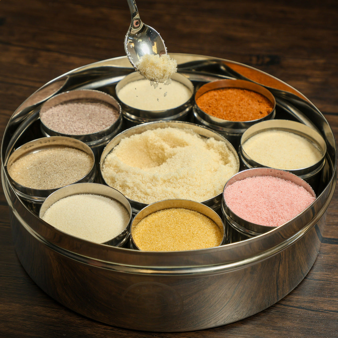 Spice Wheel flavored sugar spice wheel displaying colorful sections and labeled spice flavors on a white background.