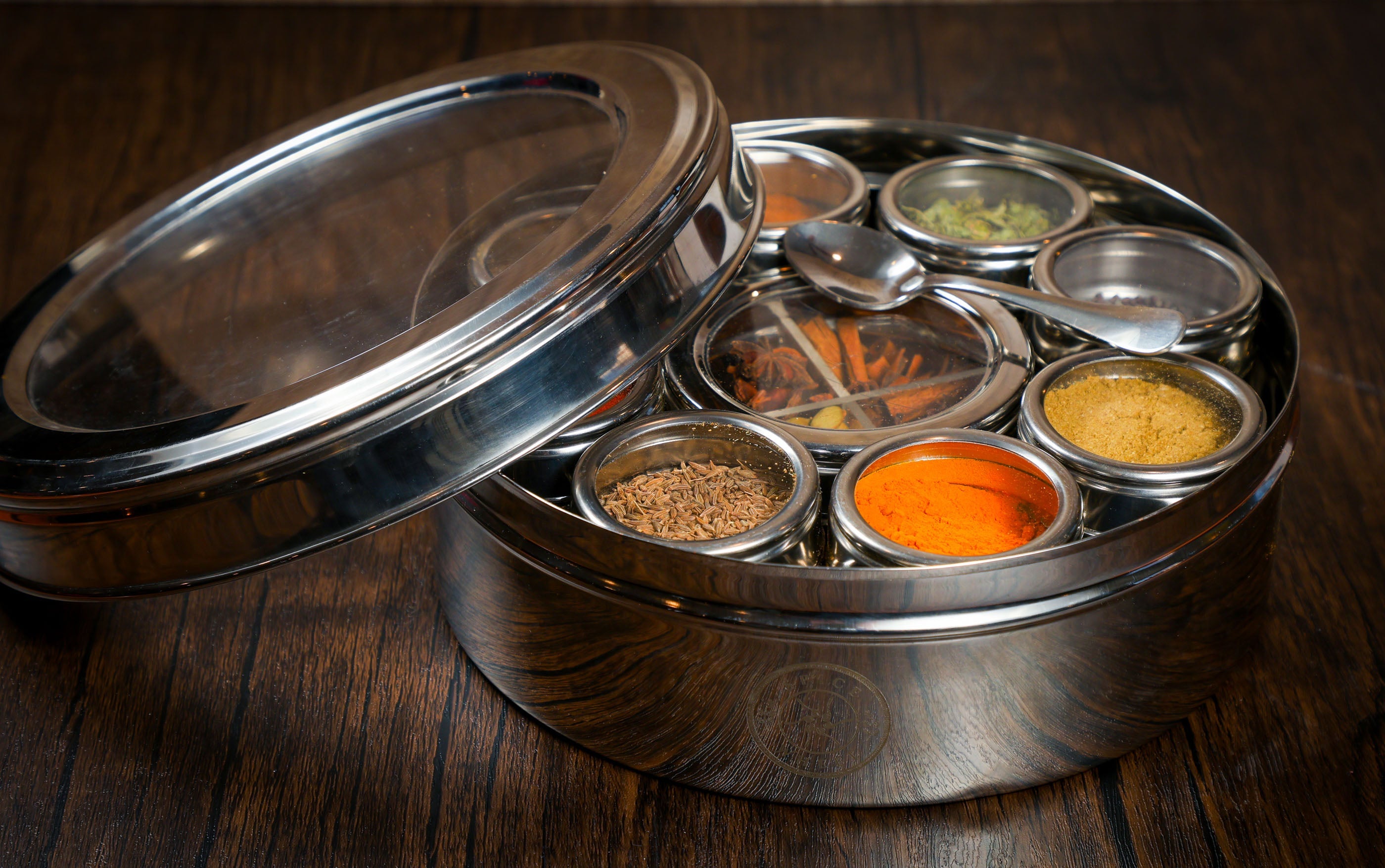 Indian Spice Wheel spice chart showing various traditional Indian spices on a colorful circular display.