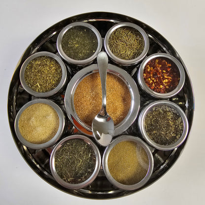 Italian Spice Wheel showing a colorful circular spice rack with various herbs and spices in small jars.