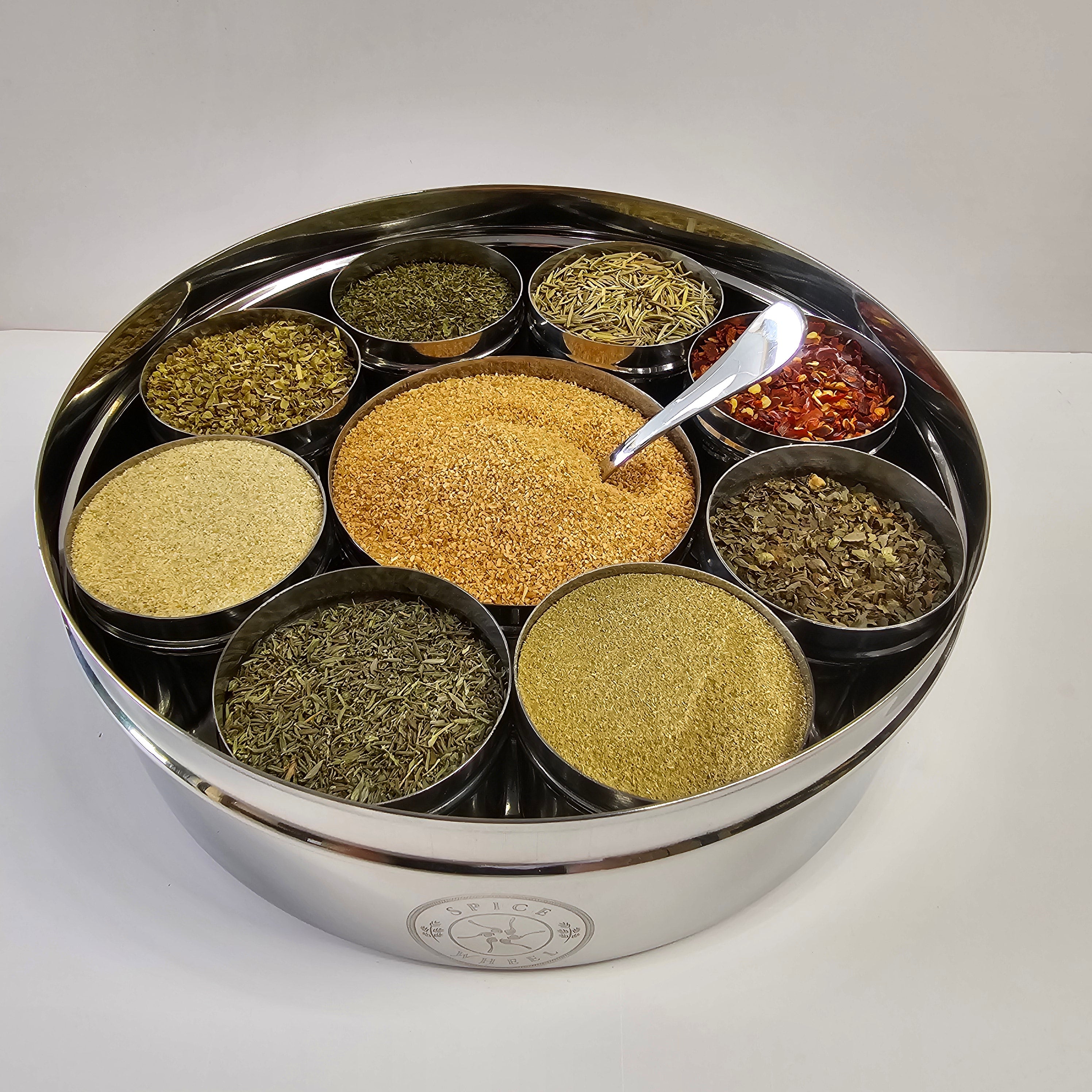 Italian Spice Wheel showing colorful sections with various Italian herbs and spices on a round spice wheel for cooking.