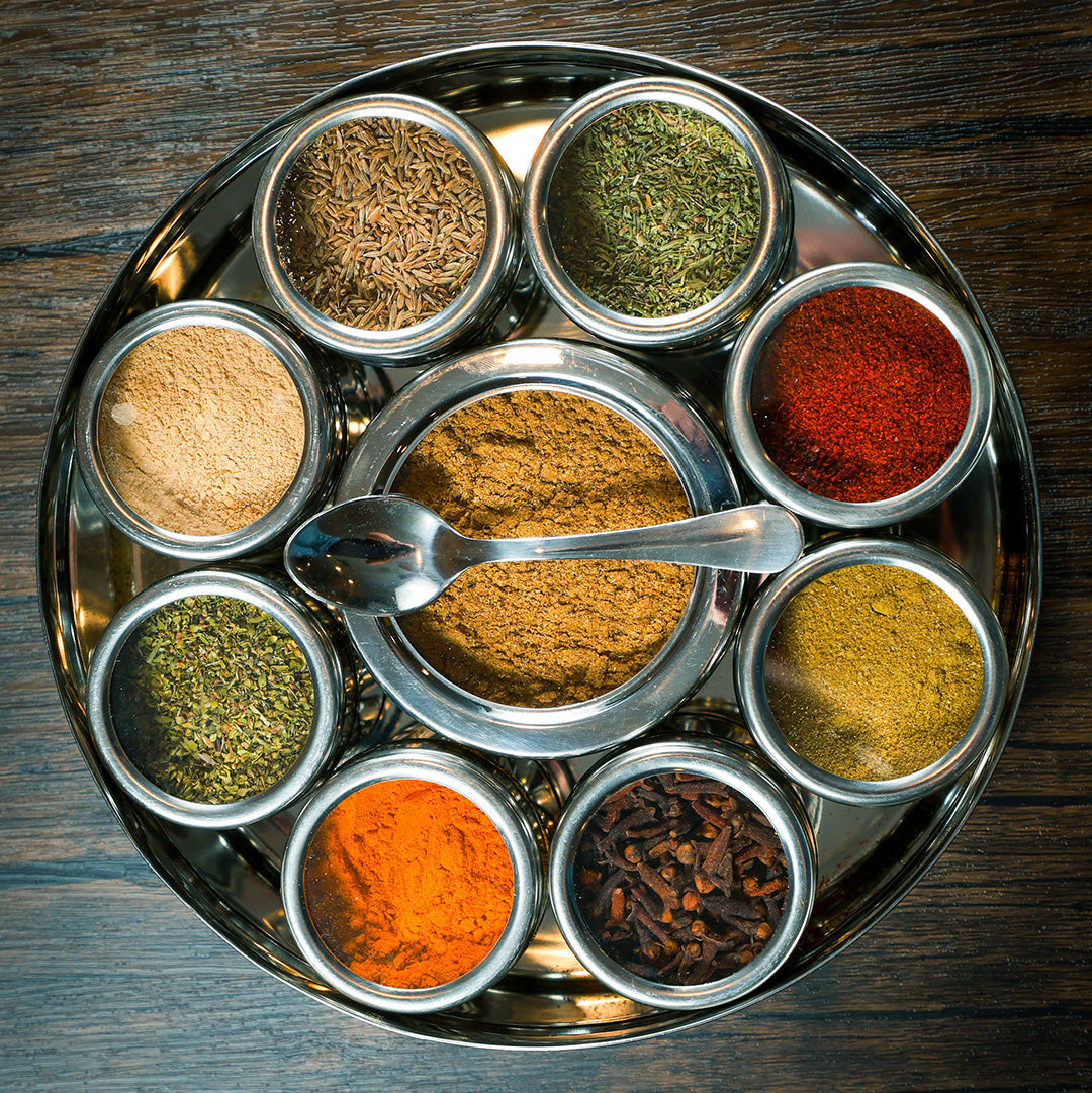 Mexican spice wheel by Spice Wheel showing a colorful circular chart with various traditional Latin spices and herbs.