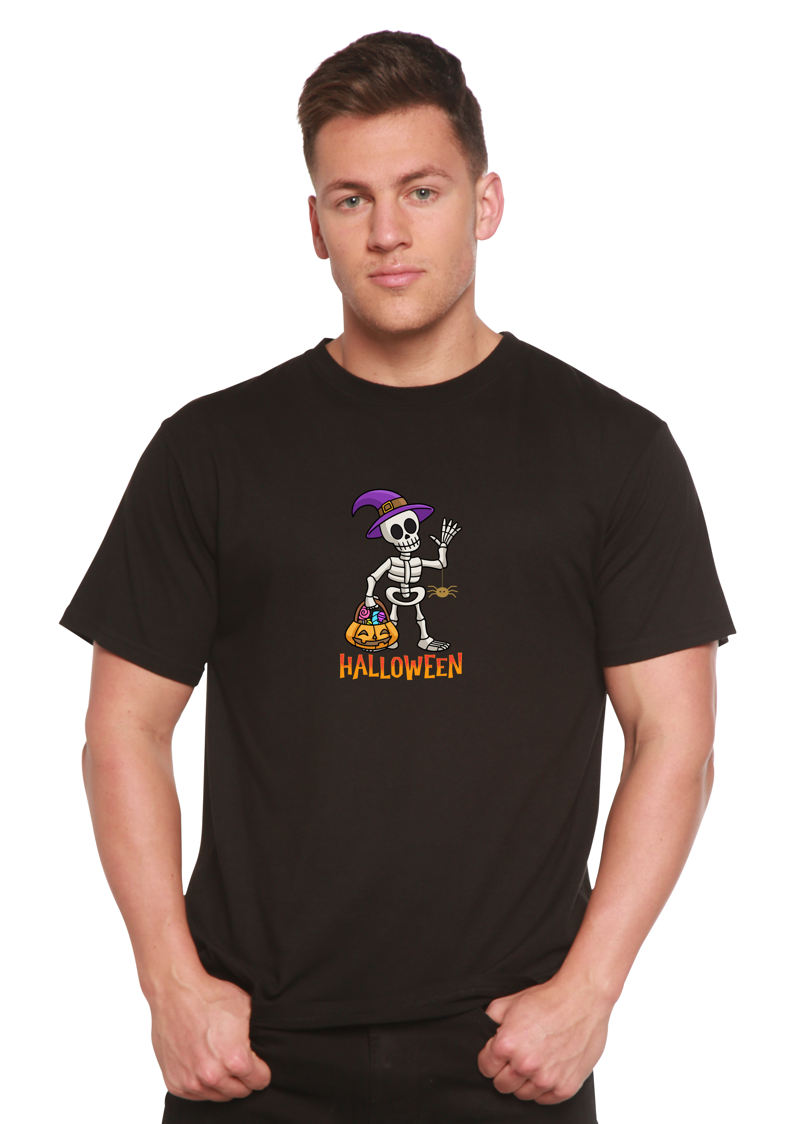 Unisex Happy Halloween graphic T-shirt by Spun Bamboo, short sleeve, bamboo viscose and organic cotton fabric, featuring Halloween design.
