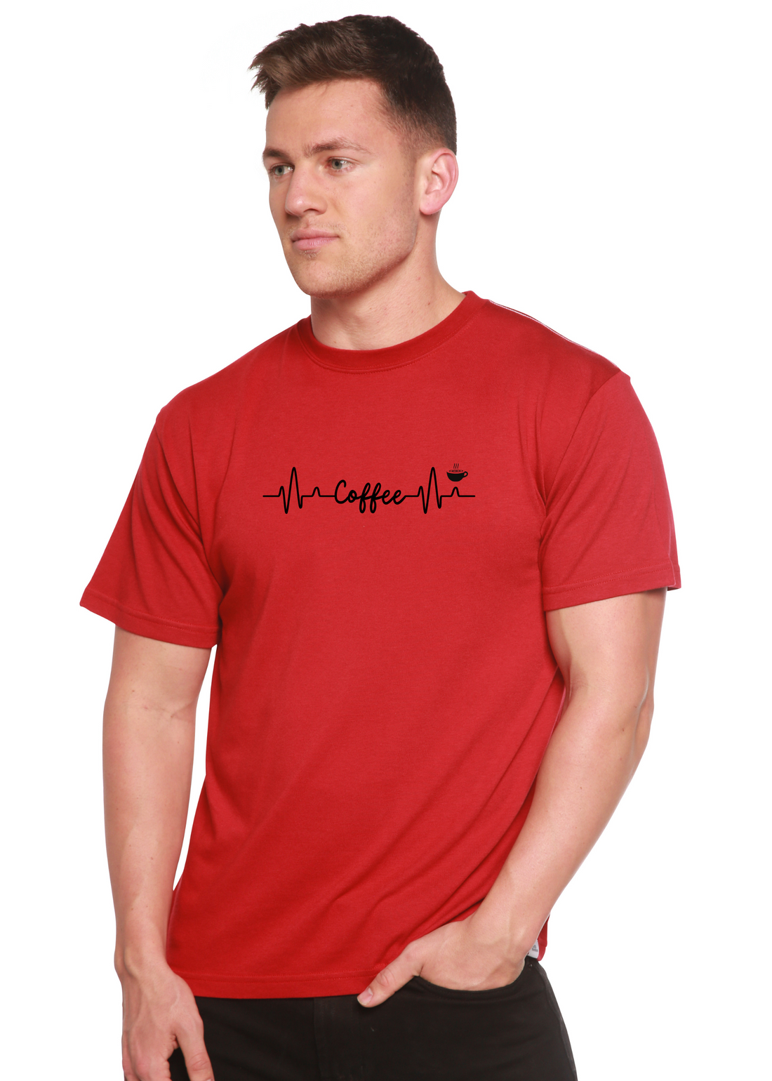 Unisex Heartbeat Coffee graphic T-shirt by Spun Bamboo, featuring a printed bamboo and cotton design for men.