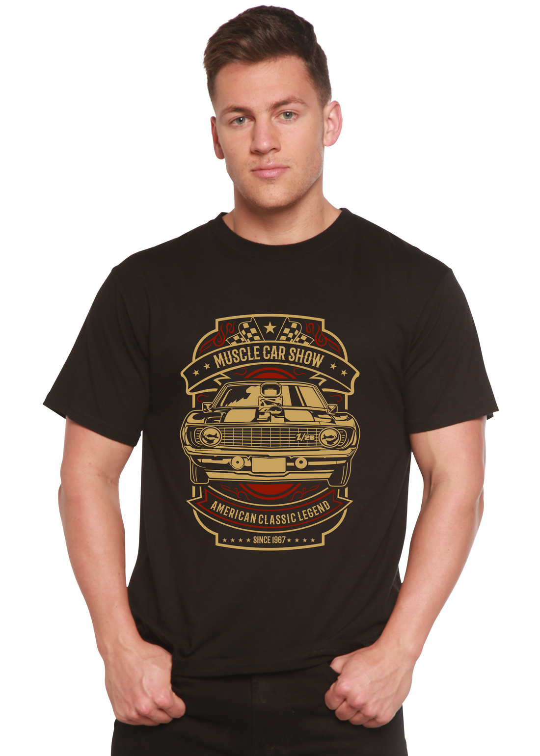 Mens Muscle Car Show graphic T-shirt by Spun Bamboo featuring a printed vintage muscle car design on organic cotton and bamboo viscose fabric.