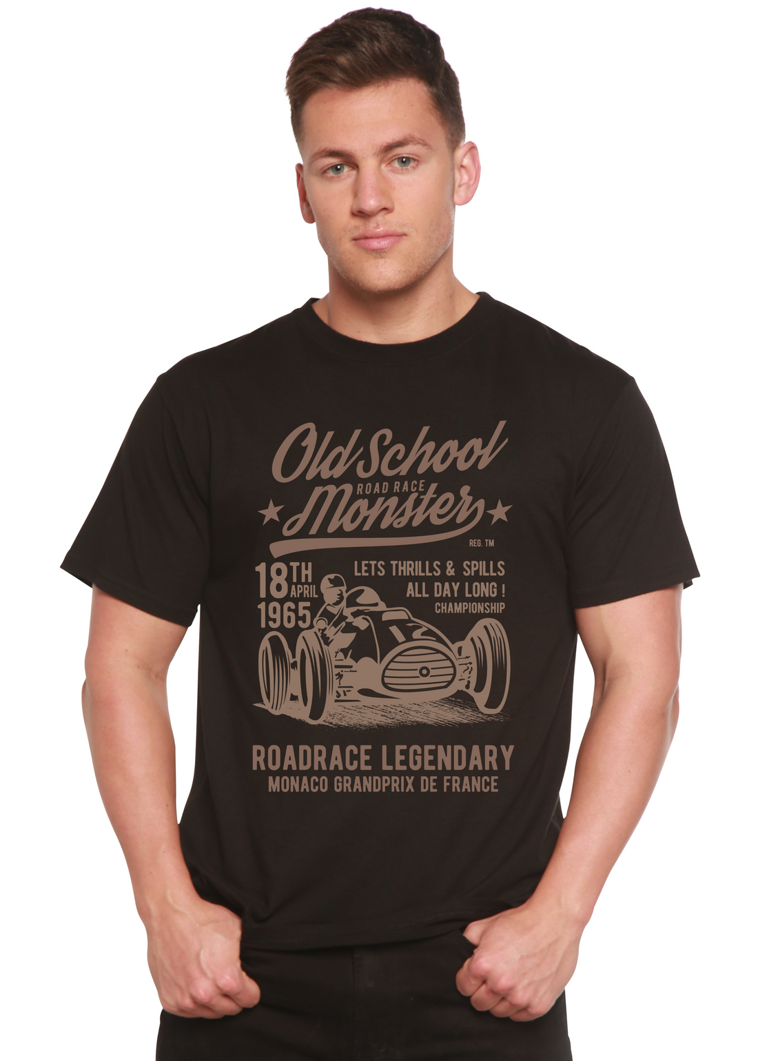 Mens printed Old School Road Spun Bamboo Viscose organic cotton short sleeve graphic T-shirt with vibrant design on front.