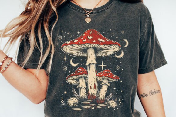 Unisex boho retro hippie mushroom graphic T-shirt by Spun Bamboo, featuring natural bamboo and cotton fabric with colorful mushroom print.