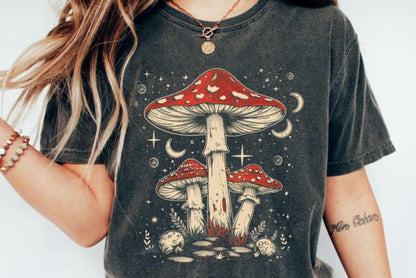 Unisex boho retro hippie mushroom graphic T-shirt by Spun Bamboo, featuring natural bamboo and cotton fabric with colorful mushroom print.