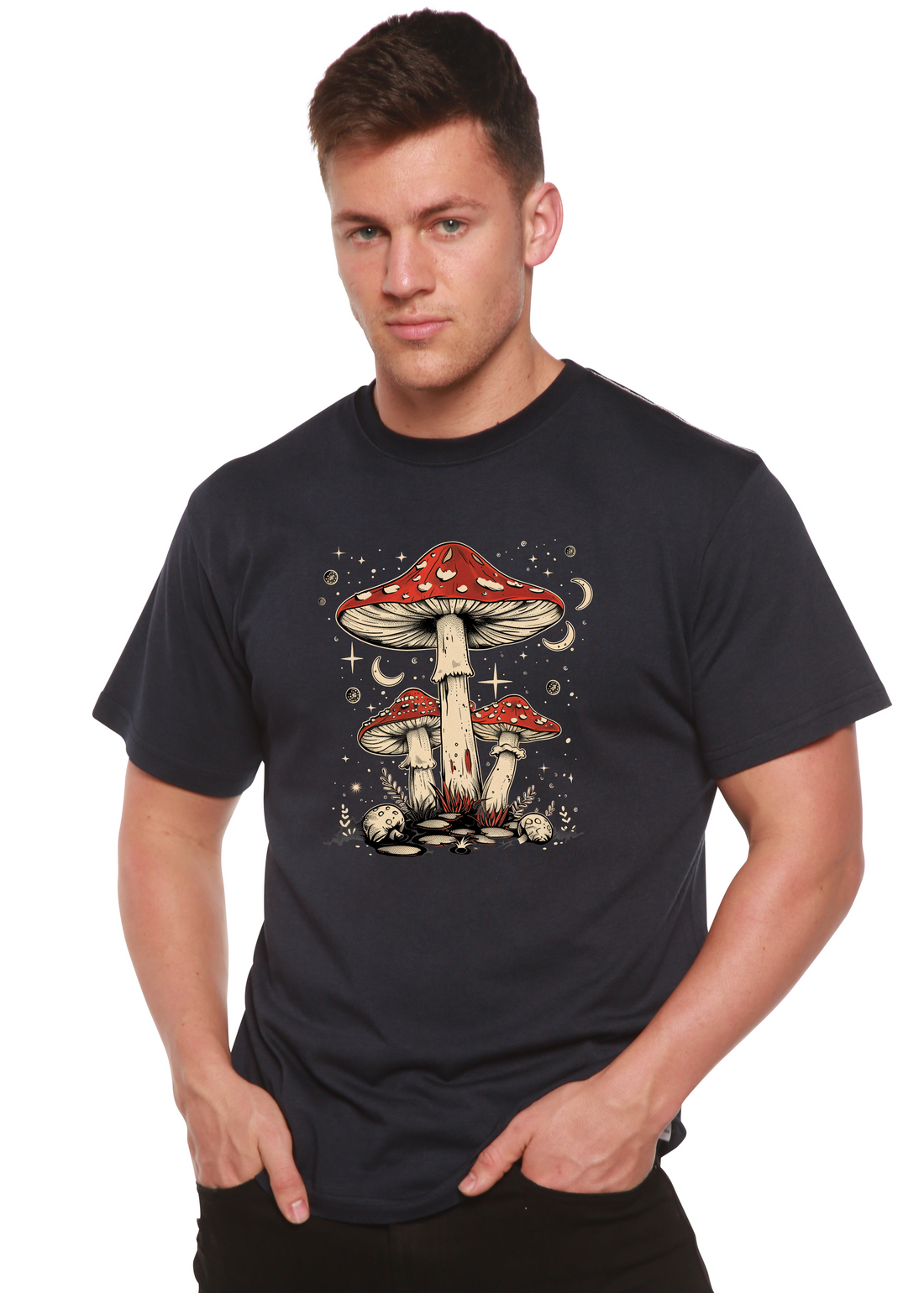 Unisex boho hippie mushroom graphic T-shirt by Spun Bamboo featuring retro design on natural bamboo and cotton fabric.