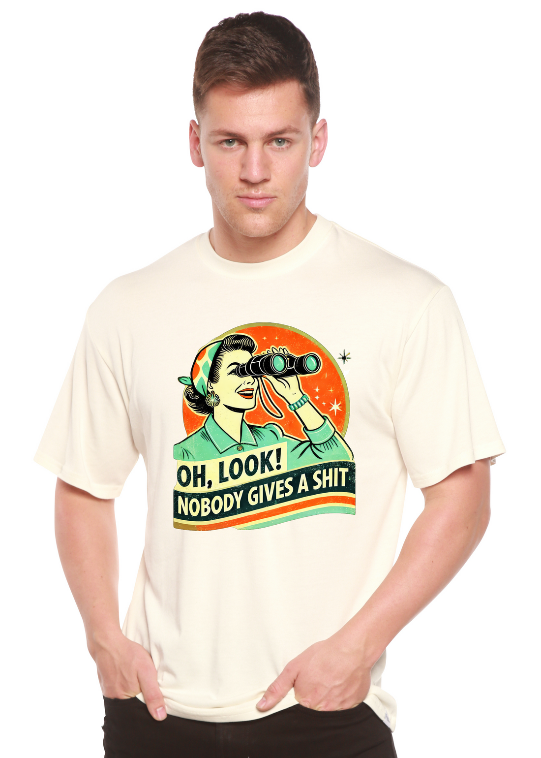 Unisex bamboo cotton graphic T-shirt for men with retro funny woman design by Spun Bamboo, casual and comfortable style.