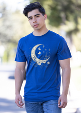 Mens printed T-shirt by Spun Bamboo featuring moons, stars, and boho floral vintage design on bamboo and cotton fabric.