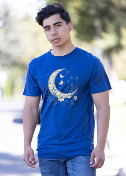 Mens printed T-shirt by Spun Bamboo featuring moons, stars, and boho floral vintage design on bamboo and cotton fabric.
