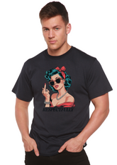 Unisex bamboo and cotton graphic T-shirt with a bold middle finger print, by Spun Bamboo, mens printed T-shirt in black.