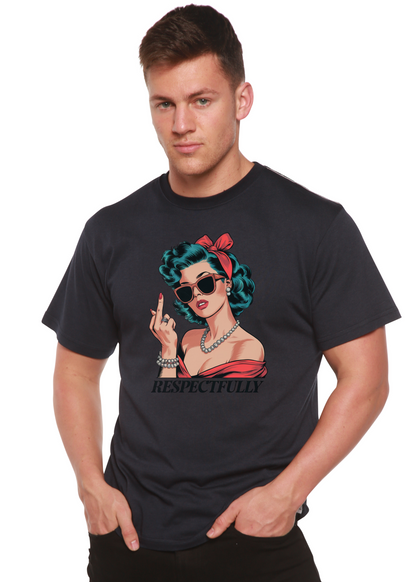 Unisex bamboo and cotton graphic T-shirt with a bold middle finger print, by Spun Bamboo, mens printed T-shirt in black.