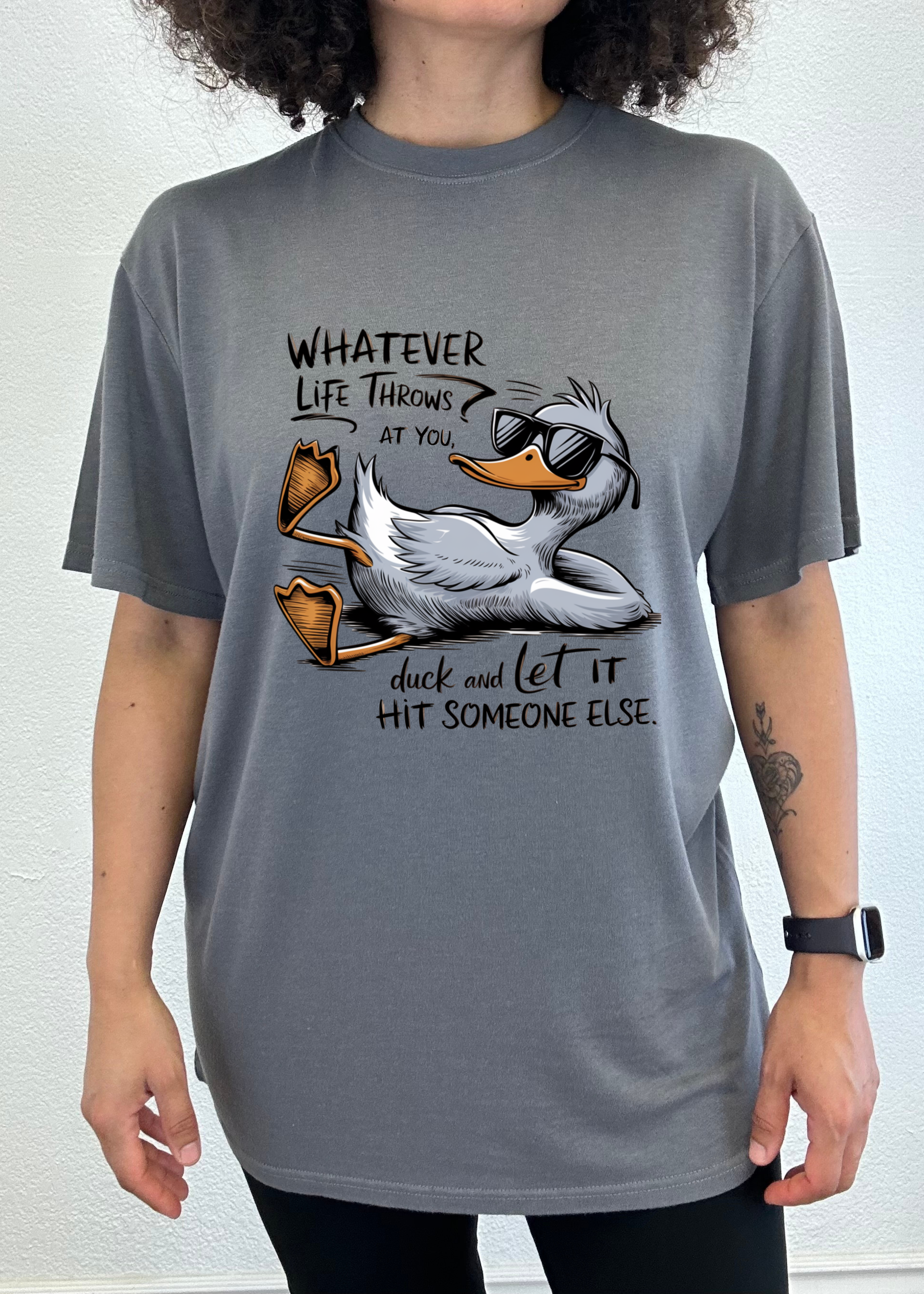 Unisex bamboo and cotton graphic T-shirt by Spun Bamboo with humorous "Whatever Life Throws at You" design, men&