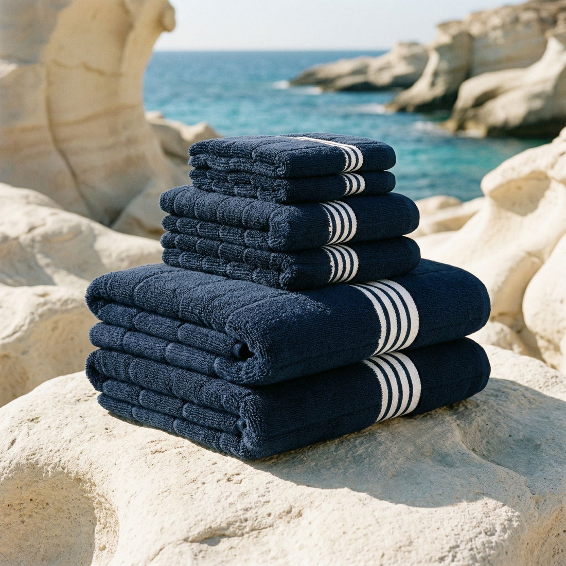 Set of Nautilus Australian Cotton Bath Towels by Italic, soft and plush, shown in a standard collection arrangement.