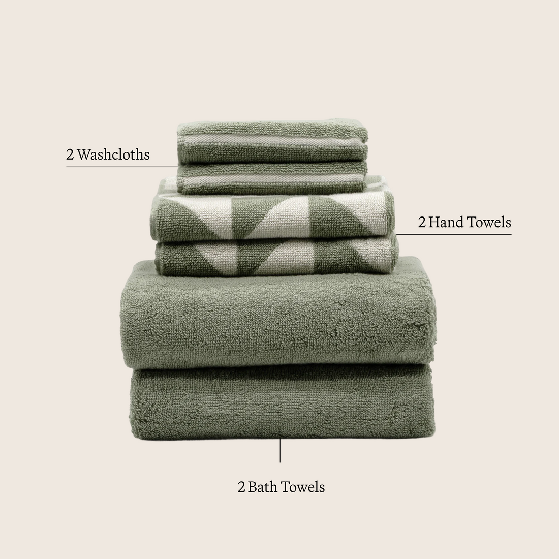 Set of five Deia Australian Cotton Towels by Italic, soft and absorbent home bed towels on a neutral background.
