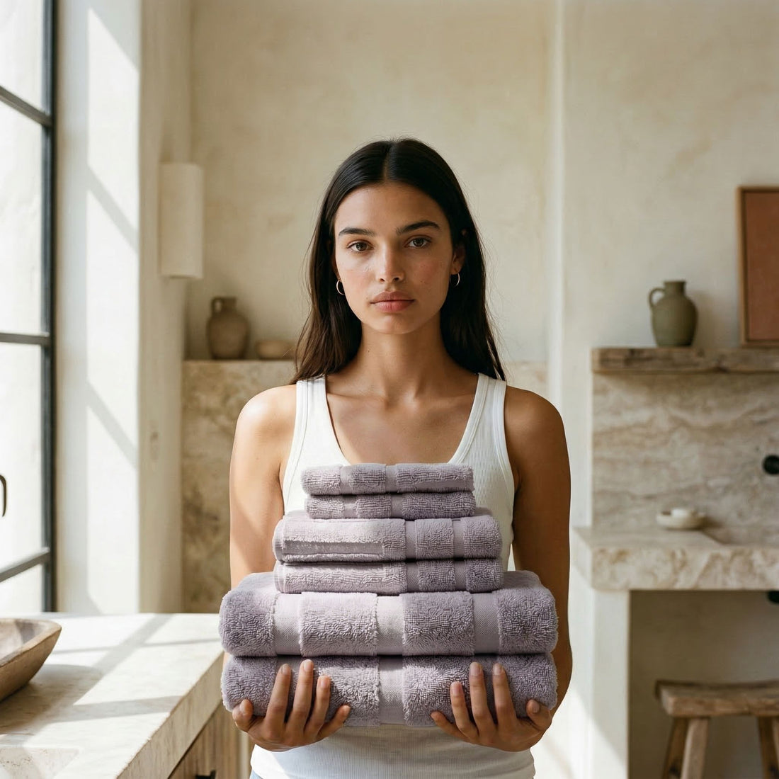 Set of two Italic Australian cotton Capri bath towels displayed, soft and plush for home use.