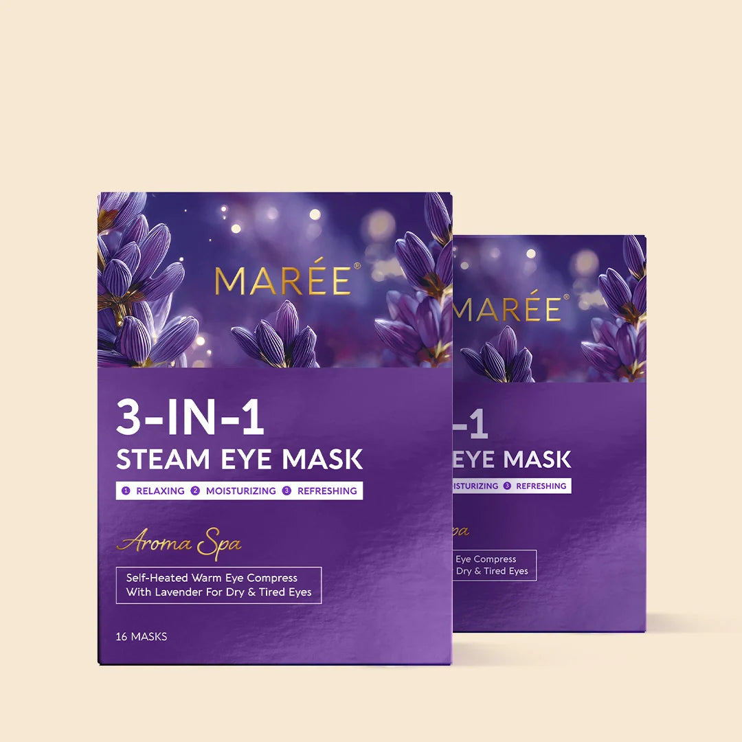Maree scented spa steam eye mask resting on a white surface, designed for relaxation and eye soothing therapy.
