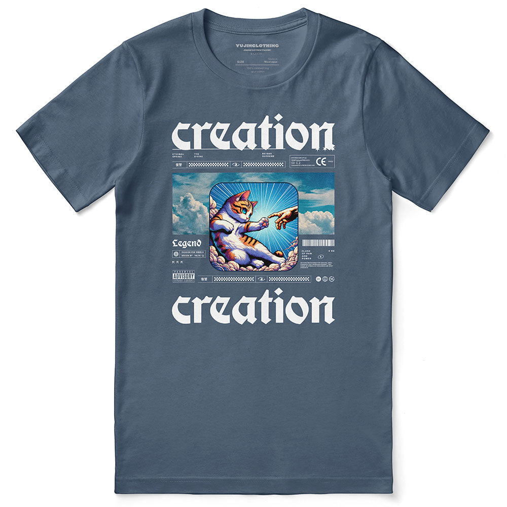Yūjin Clothing Divine Creation Cat T-Shirt featuring a detailed cat graphic on a comfortable cotton fabric.